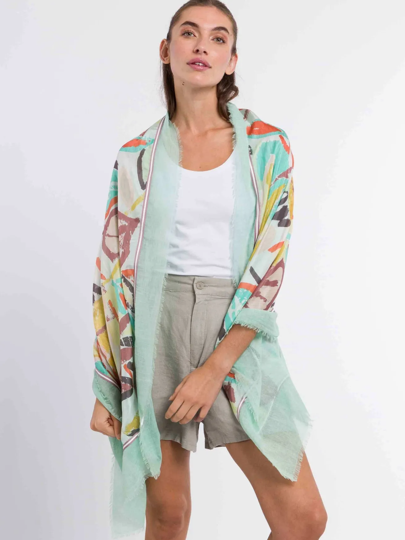 Patchwork-Stola mit Blätter-Print in Seide auf Baumwolle